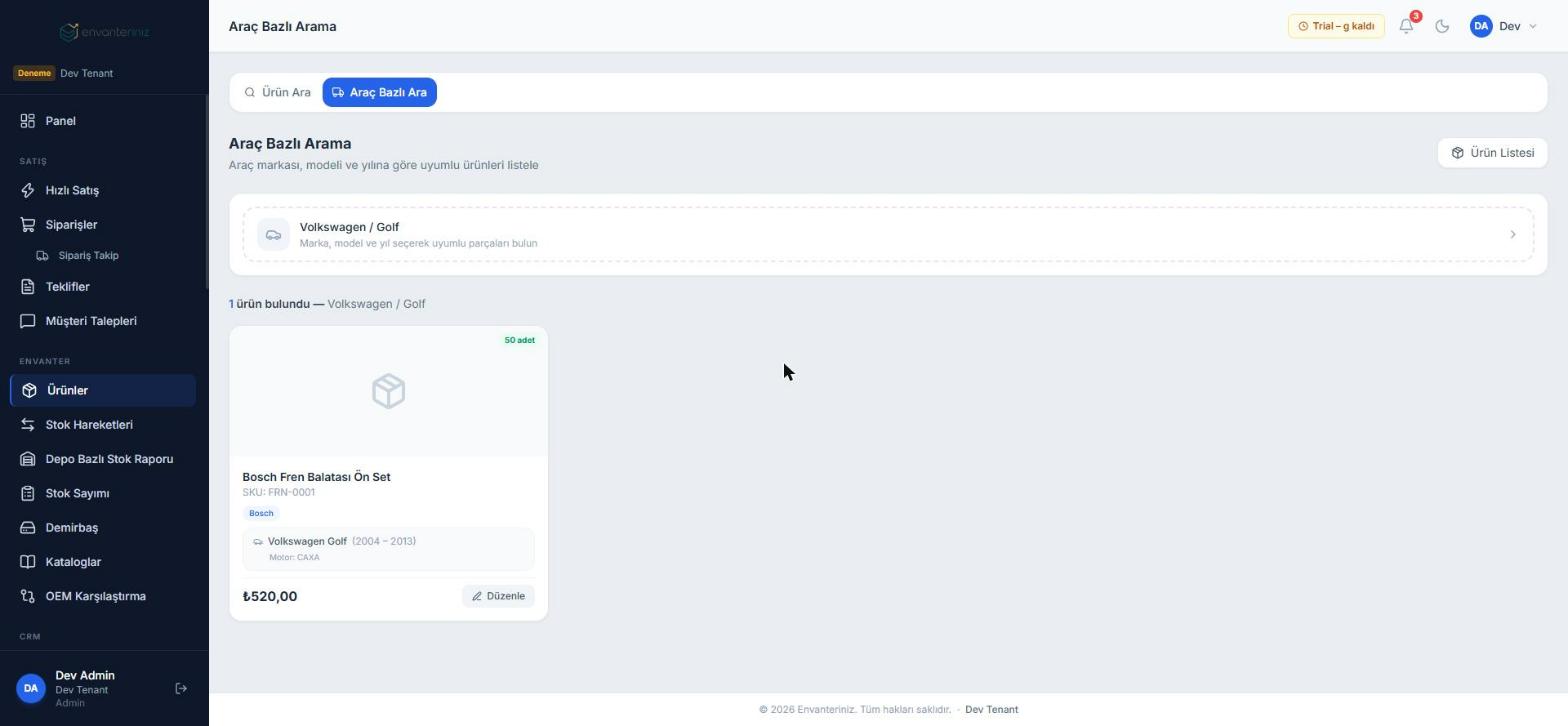 Araç marka model yılına göre uyumlu parça arama ekranı - Envanteriniz oto yedek parça stok takip programı