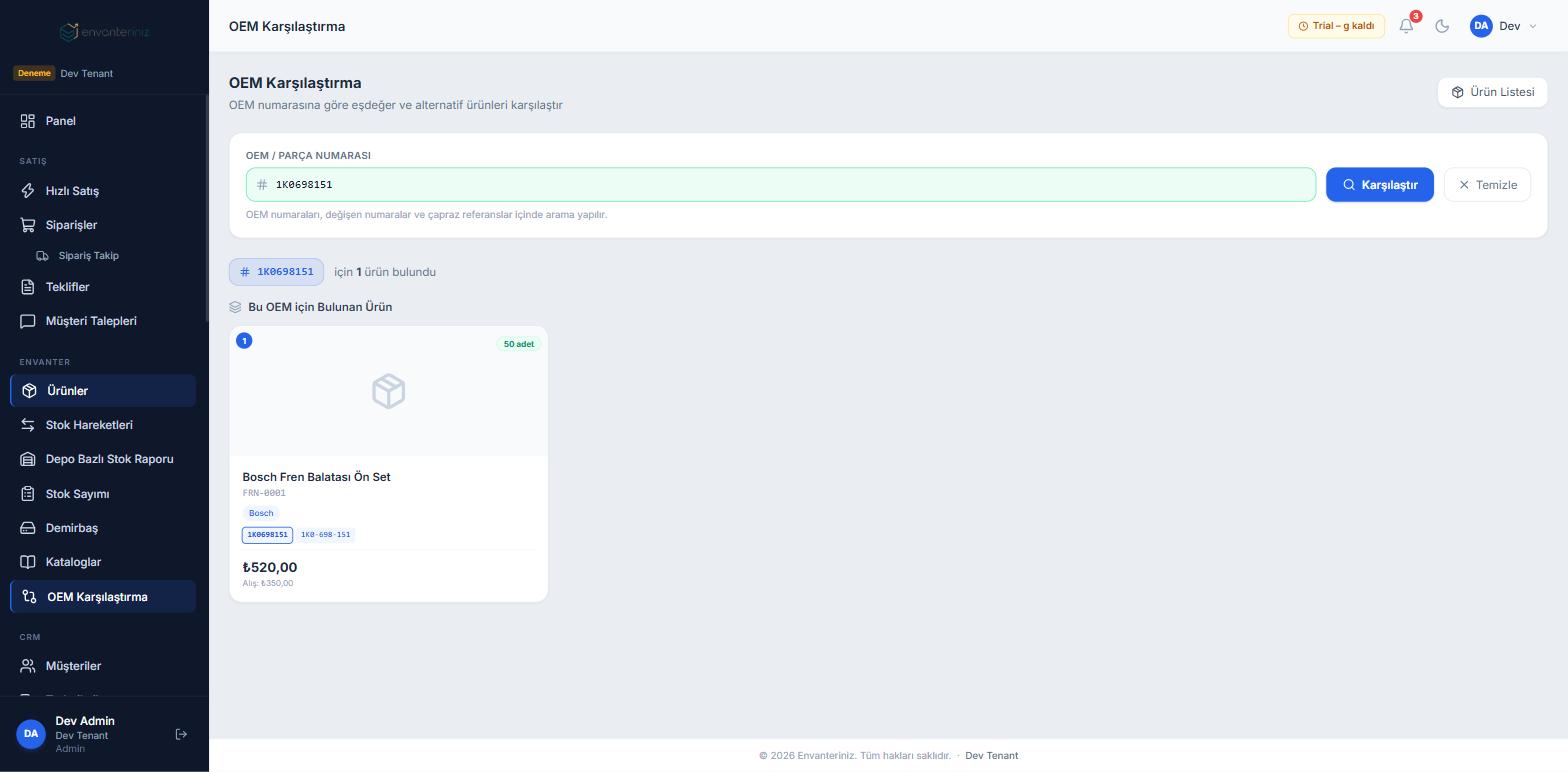 OEM numarası ile parça arama ve karşılaştırma ekranı - Envanteriniz oto yedek parça stok takip programı