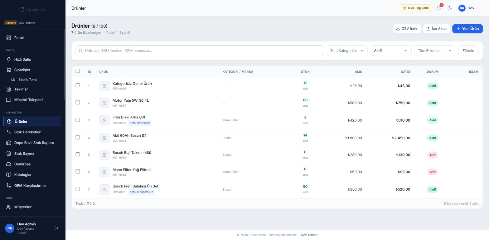 Ürün listesi ve anlık stok durumu ekranı - Envanteriniz stok takip programı